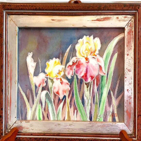 Signed Framed Iris Floral Garden Watercolor by California Artist Sally Bly - Picture 2 of 3